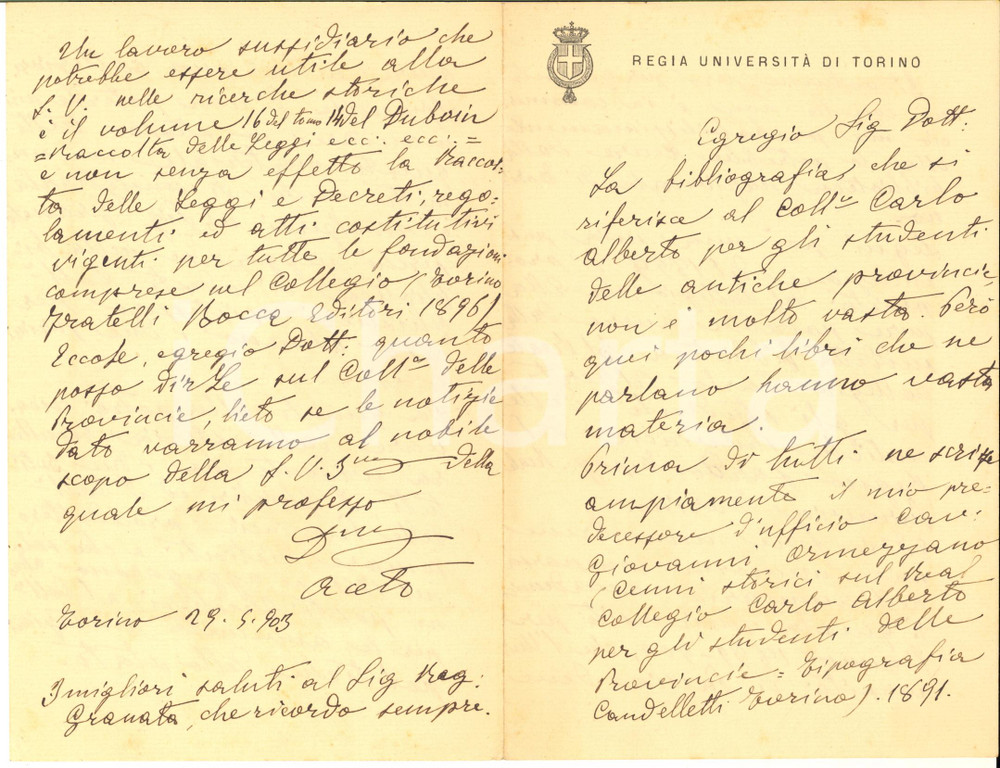 1903 TORINO Luigi ACETO per bibliografia "Collegio Carlo Alberto" AUTOGRAFO