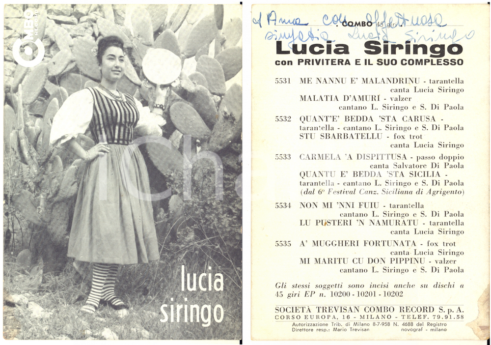 1958 FOLK SICILIA - Lucia SIRINGO - Cartolina COMBO Records con AUTOGRAFO