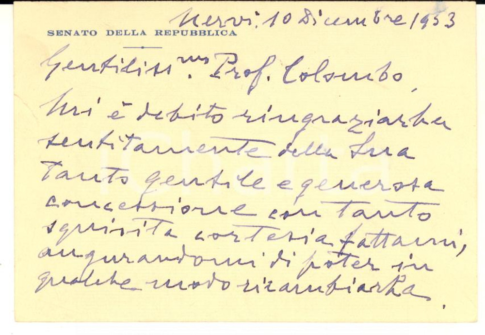 1933 NERVI Senatore Novello NOVELLI - Biglietto di ringraziamento AUTOGRAFO