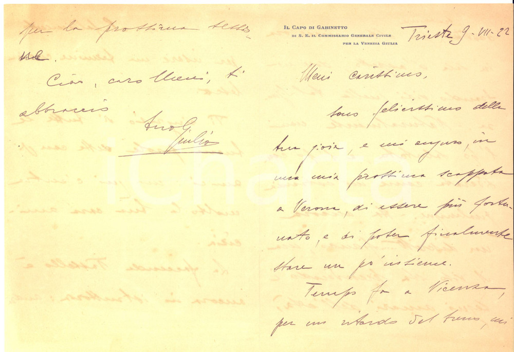 1922 TRIESTE Lettera Capo di Gabinetto del Commissario per la VENEZIA GIULIA