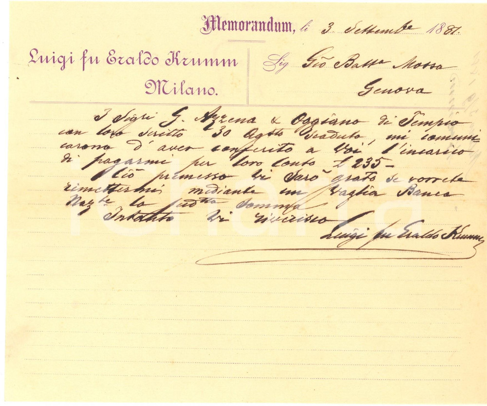1881 MILANO Luigi fu Eraldo KRUMM - Memorandum per saldo partita merce