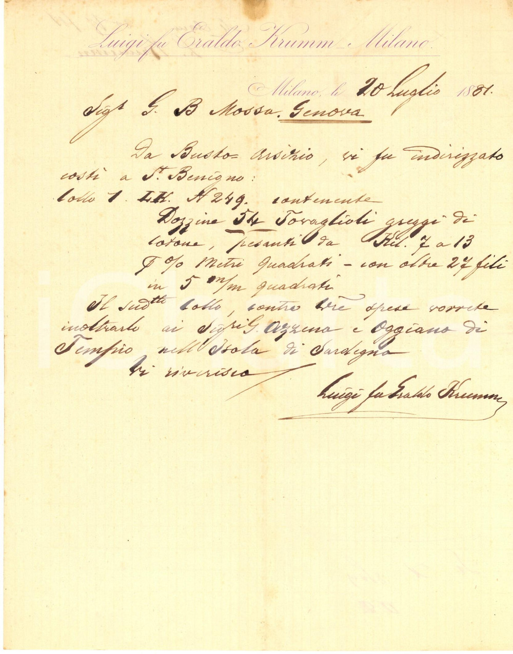 1881 MILANO Luigi fu Eraldo KRUMM - Lettera per invio tovaglioli di cotone