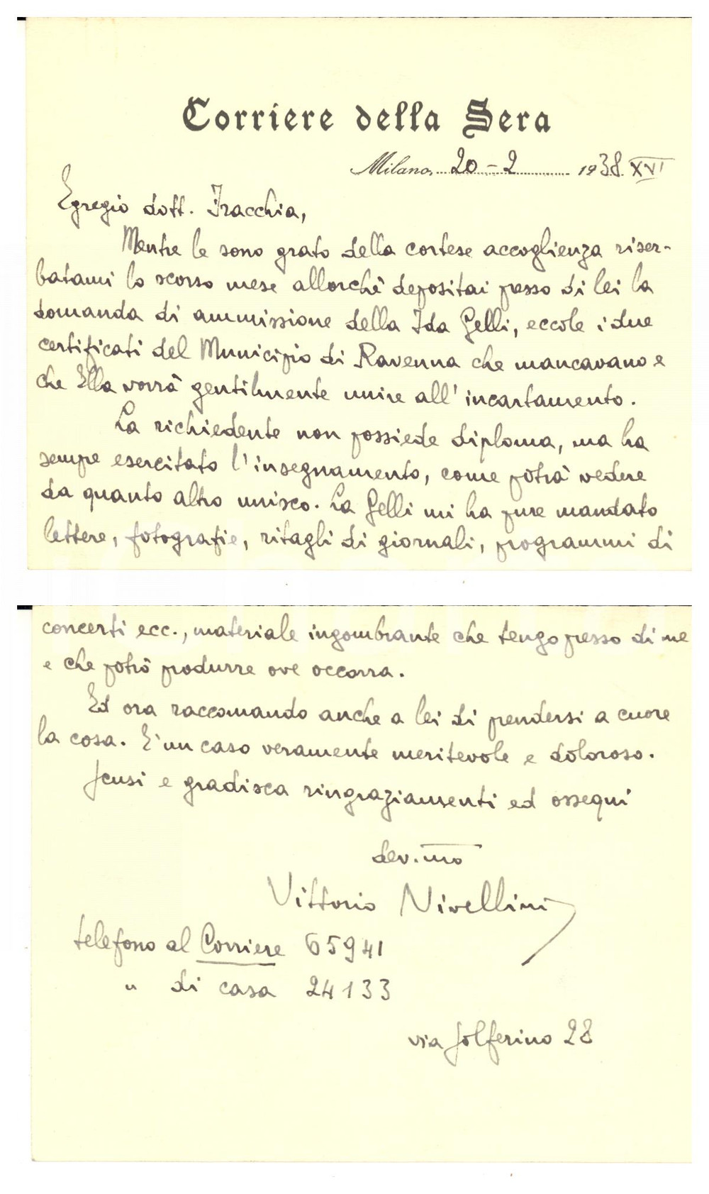 1938 MILANO Corriere della Sera - Vittorio NIVELLINI giornalista - AUTOGRAFO