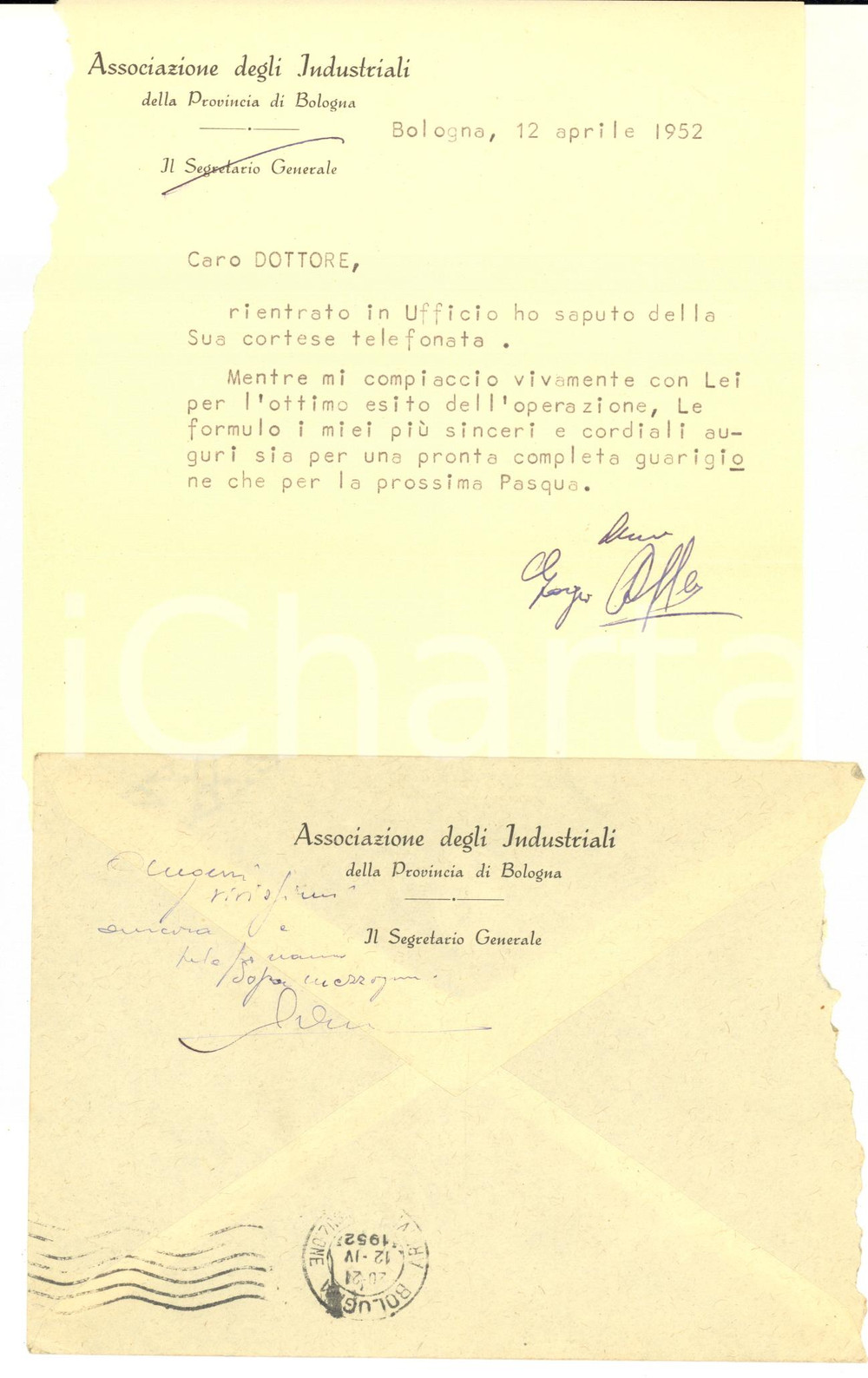 1952 BOLOGNA Associazione Industriali - Lettera Giorgio ROFFENI TIRAFERRI