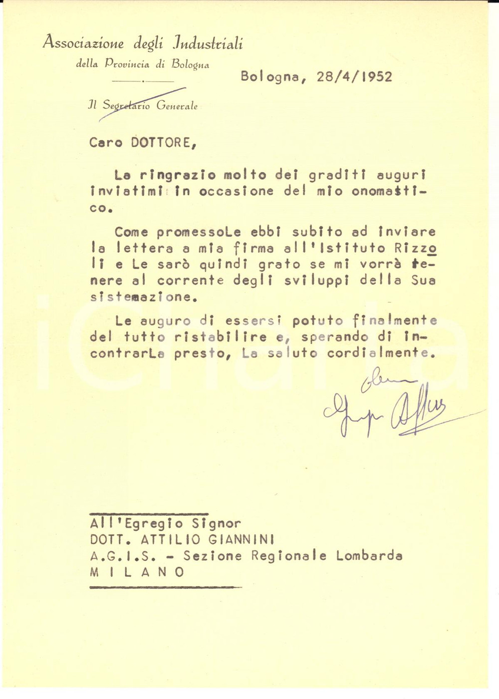 1952 BOLOGNA Associazione Industriali - Giorgio ROFFENI TIRAFERRI - Autografo