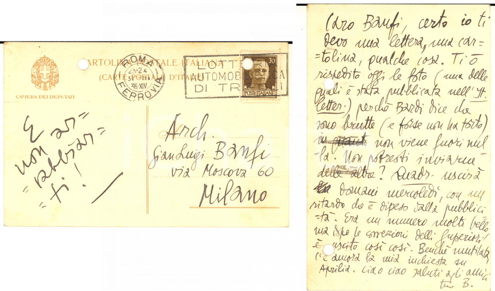 1936 ROMA Alfredo GIARRATANA e la sua "Inchiesta su Aprilia" Cartolina AUTOGRAFA Cartolina postale interamente autografa, con intestazione della Camera dei Deputati.Giarratana annuncia l'uscita del numero di "Quadrante" con la sua "Inchiesta su Aprilia", lamentando i tagli subiti:"... Era un numero molto bello, ma dopo le correzioni delli superiori &egrave; uscito cos&igrave; cos&igrave;. Bench&eacute; mutilata, c'&egrave; ancora la mia inchiesta su Aprilia...".CONDIZIONI: POOR (fori da classificatore) FORMATO: FP    originale e autentica 1