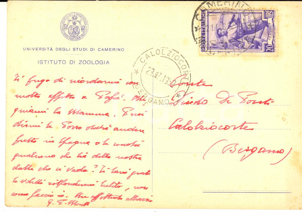1952 Università di CAMERINO - Giampaolo MORETTI al conte DE PONTI *Autografo