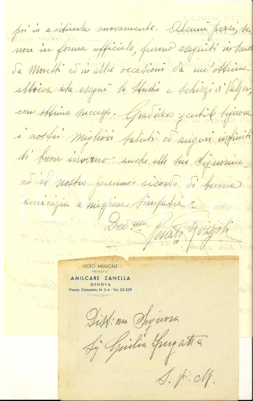 1936 GENOVA Liceo musicale ZANELLA - Lettera prof. Renato RIZZOLI per lutto