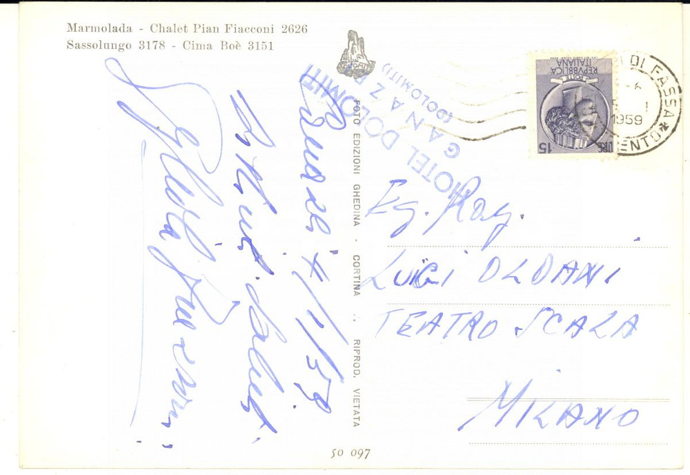 1959 CANAZEI Cartolina soprano Gigliola FRAZZONI a Luigi OLDANI - AUTOGRAFO FG