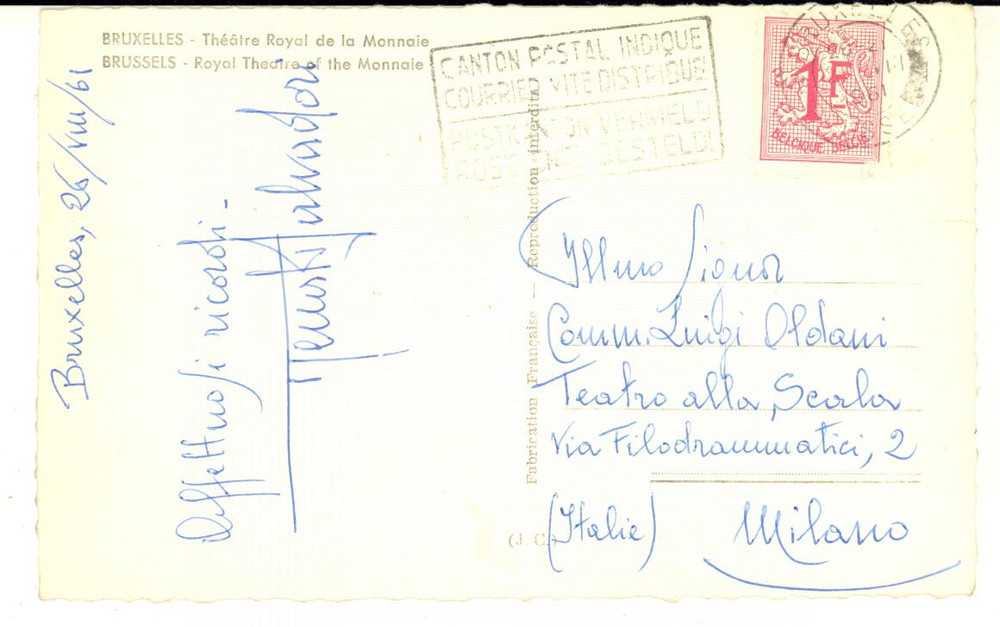 1961 BRUXELLES Cartolina Fausto SALVADORI a Luigi Oldani - AUTOGRAFO FP VG