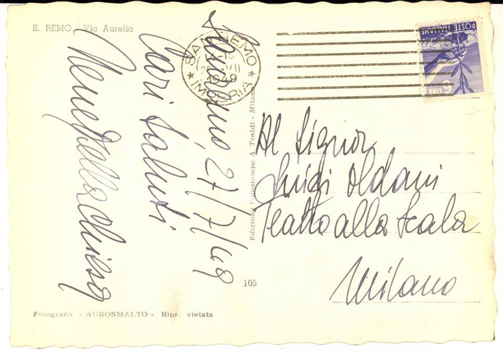 1949 SANREMO Cartolina soprano Vivian DELLA CHIESA - AUTOGRAFO FG VG