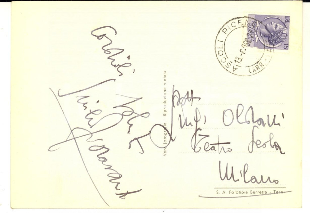 1958 ASCOLI PICENO Baritono Giulio FIORAVANTI a Luigi Oldani - AUTOGRAFO FG VG