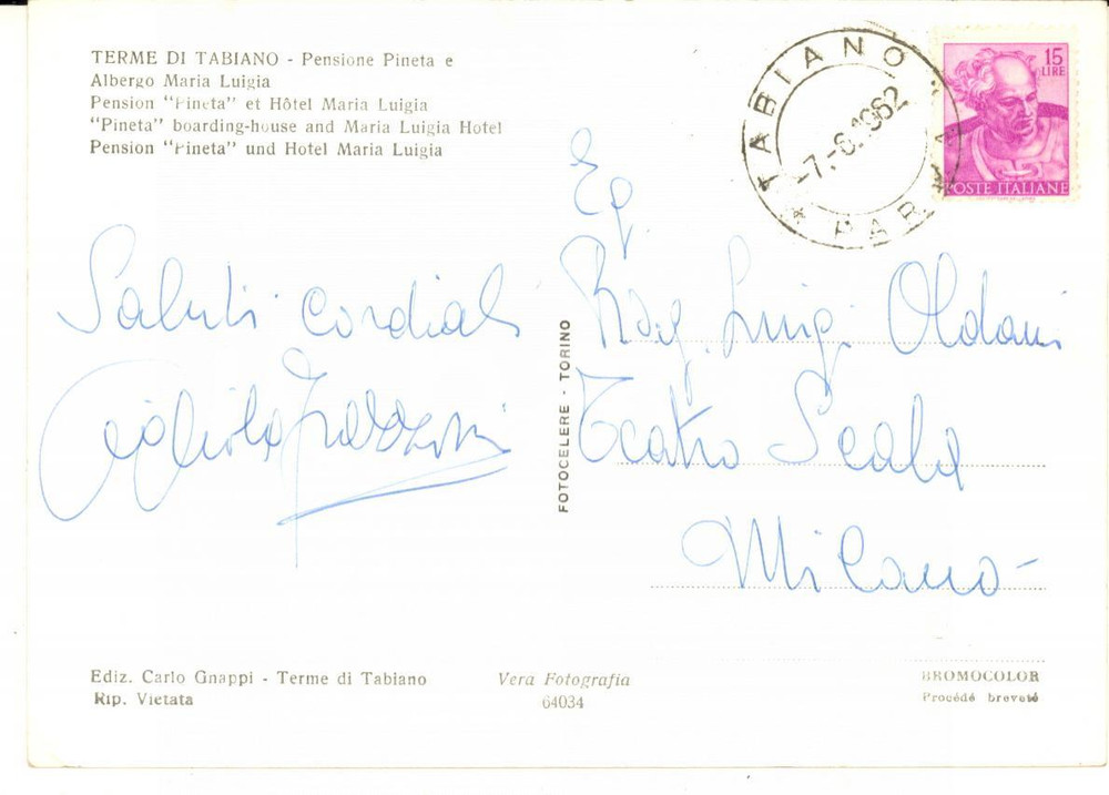 1962 TERME DI TABIANO Soprano Gigliola FRAZZONI a Luigi OLDANI - AUTOGRAFO FG