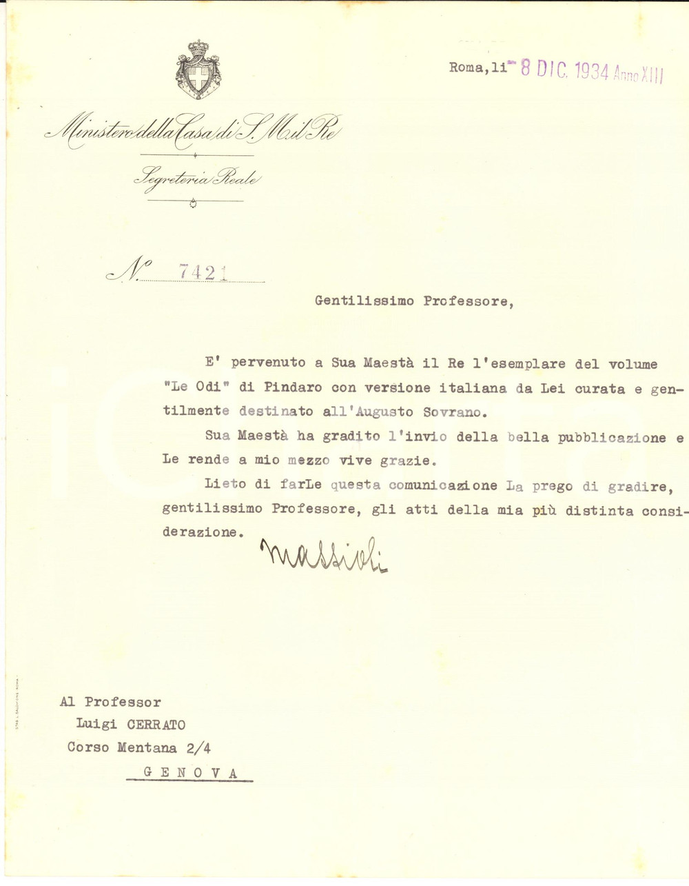 1934 ROMA Lettera Alessandro MATTIOLI PASQUALINI per ringraziamento - Autografo
