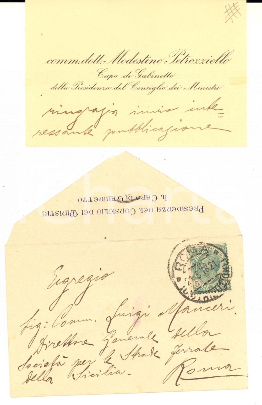 1918 ROMA Modestino PETROZZIELLO Presidenza Consiglio - Biglietto AUTOGRAFO