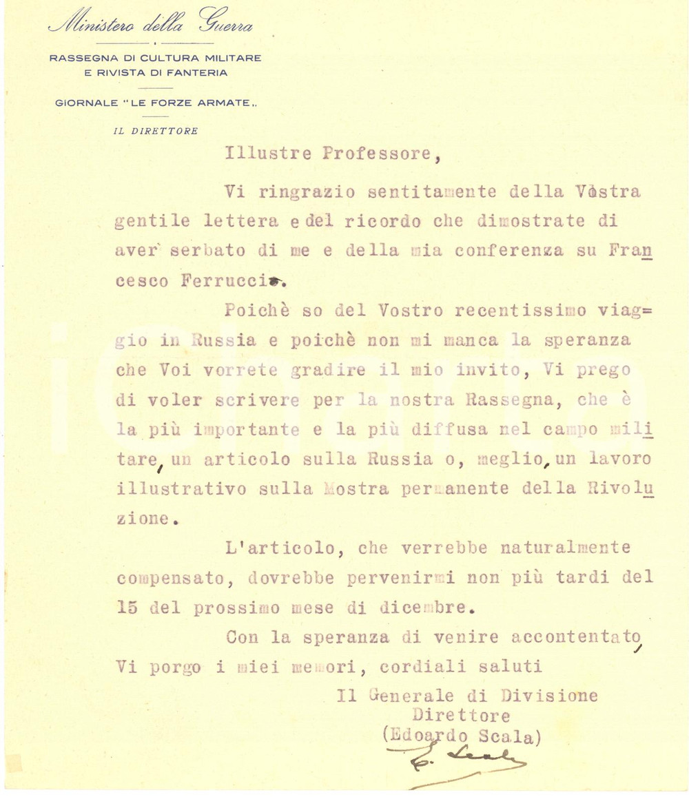 1942 ROMA Lettera gen. Edoardo SCALA Direttore "Le Forze armate" - Autografo