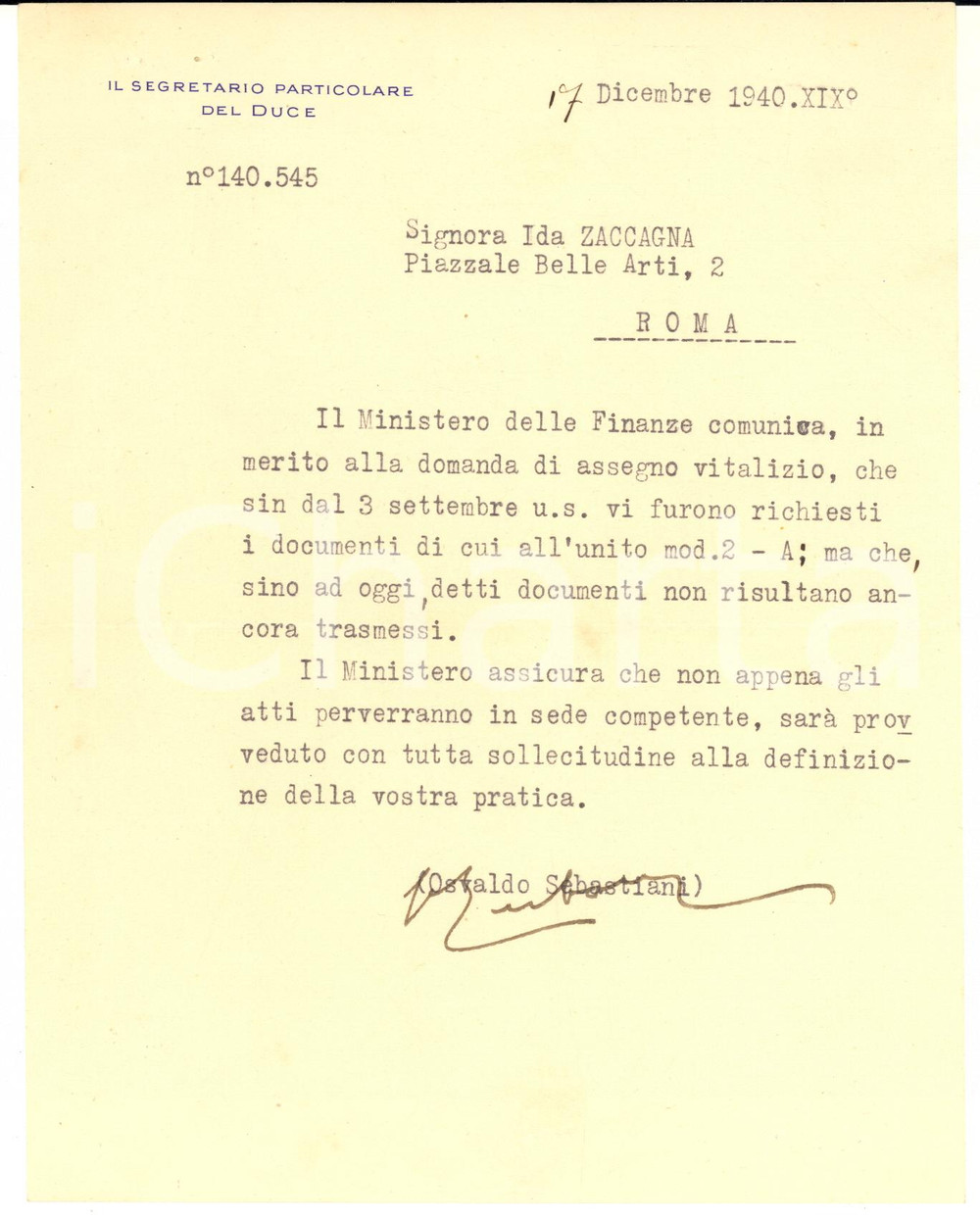 1940 ROMA Osvaldo SEBASTIANI Segretario particolare del Duce - Lettera AUTOGRAFO