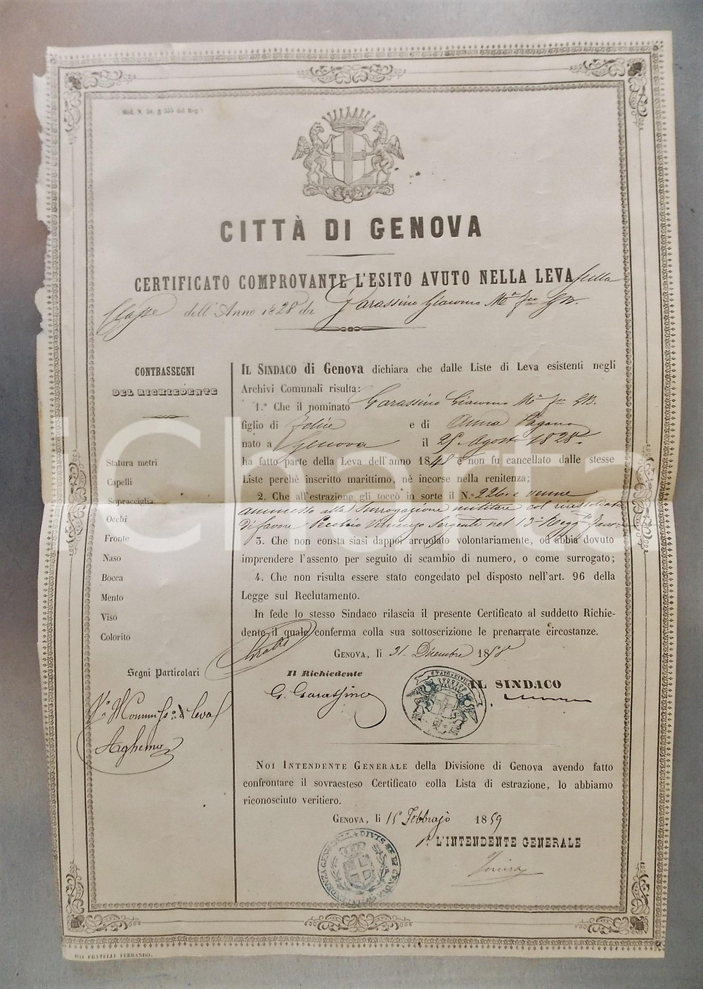 1858 GENOVA Certificato Giacomo GARASSINO - Esito nell'estrazione di leva