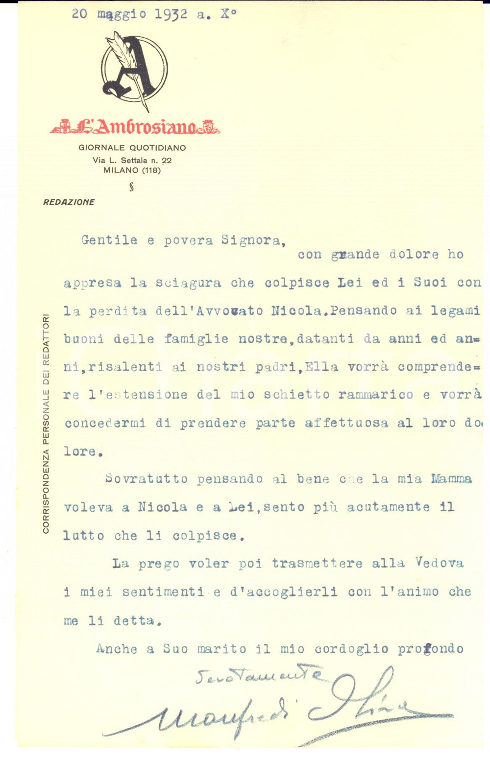 1932 MILANO L'AMBROSIANO Lettera giornalista Manfredi OLIVA per lutto *AUTOGRAFO