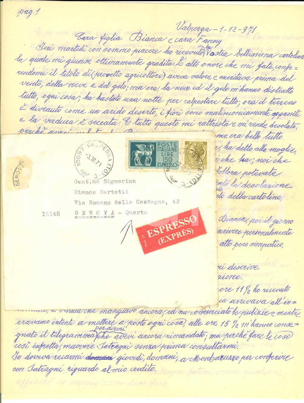 1971 VALPERGA Lettera cav. Nicola BERTOTTI alla figlia Bianca - Autografo