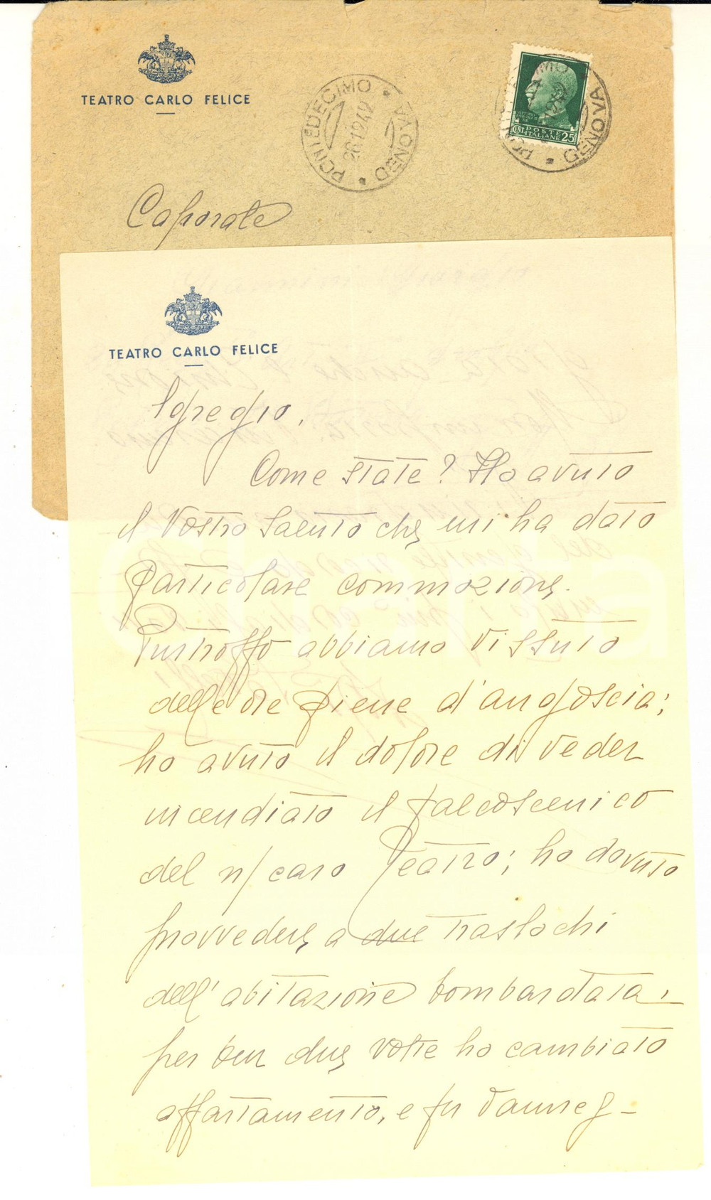 1942 GENOVA TEATRO CARLO FELICE Lettera Dorì SAVELLI dopo il bombardamento