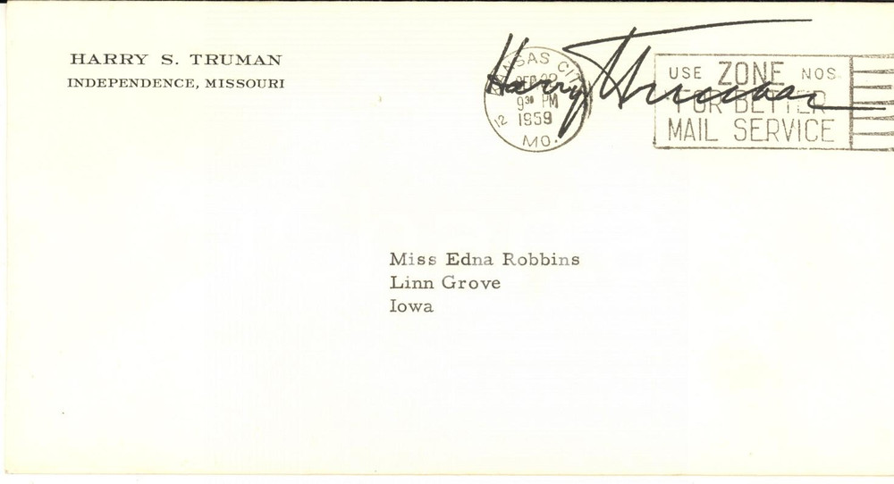 1959 INDEPENDENCE Harry S. TRUMAN Presidente USA - Busta con FIRMA A STAMPA