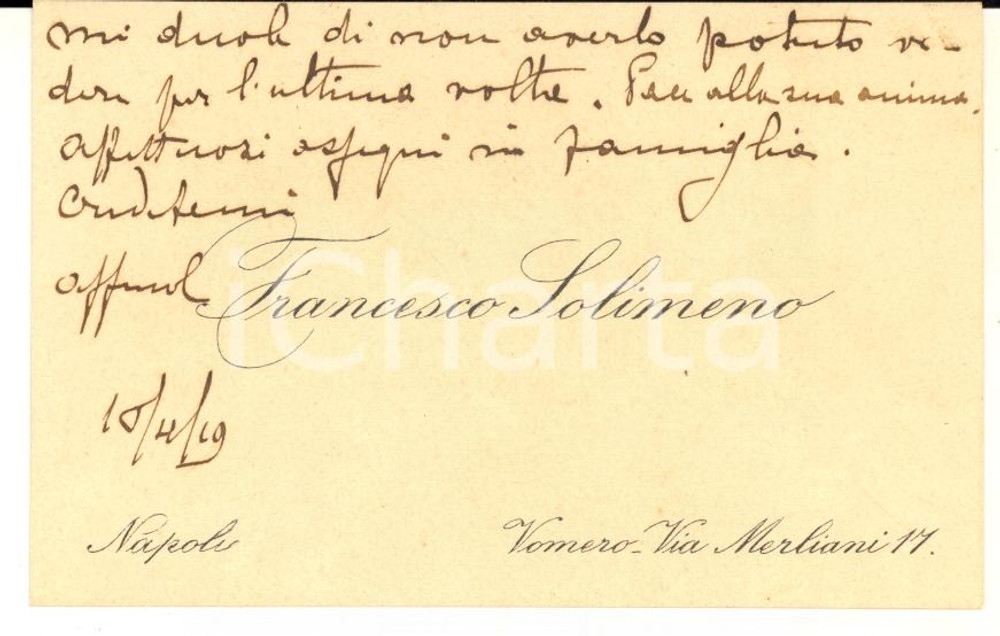 1919 NAPOLI Francesco SOLIMENO - Biglietto da visita AUTOGRAFO per auguri