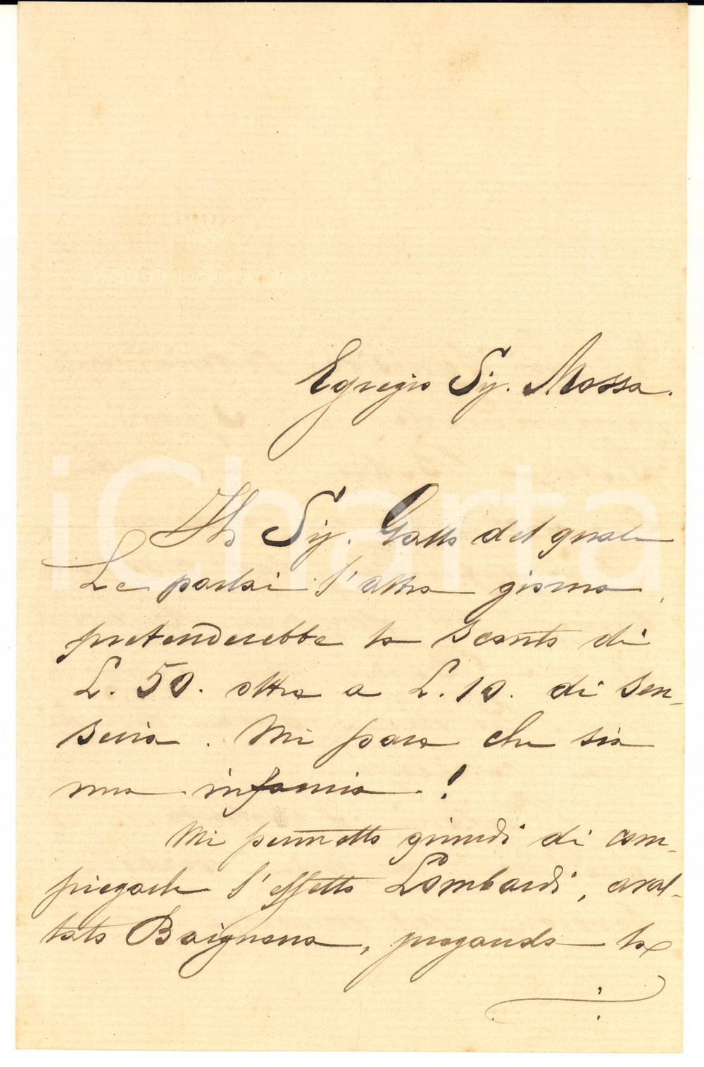 1885 s. l. Lettera nobile Luigi CAO-PINNA per gestione crediti - Autografo