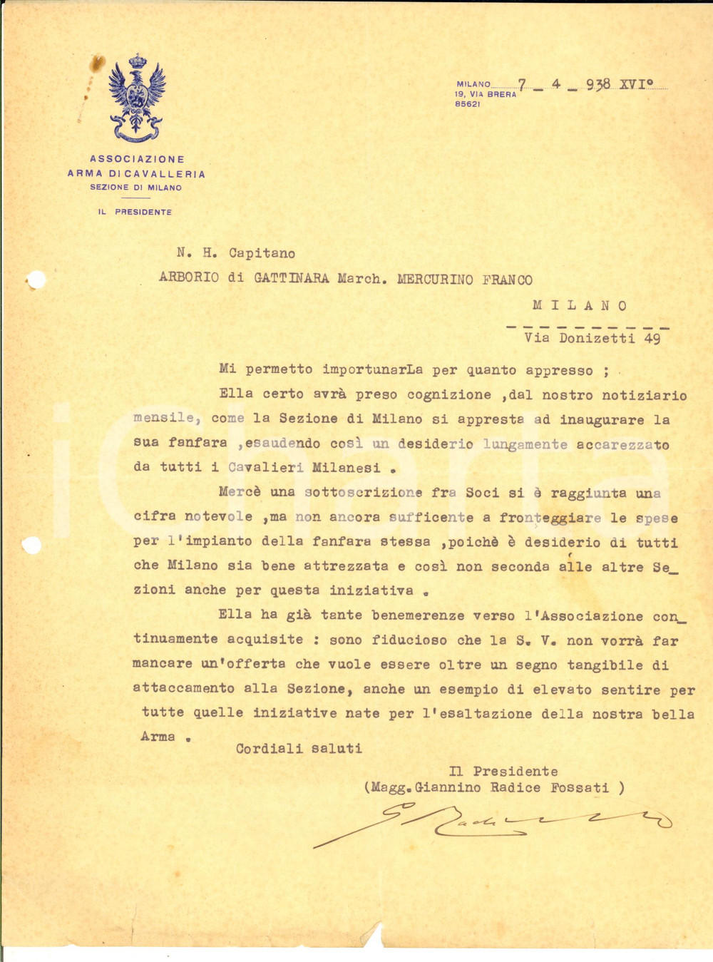 1938 MILANO Arma di Cavalleria - Lettera Giannino RADICE FOSSATI - Autografo