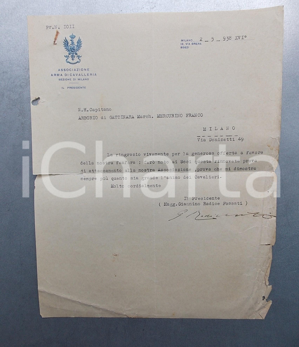 1938 MILANO Arma di Cavalleria - Presidente Giannino RADICE FOSSATI - Autografo