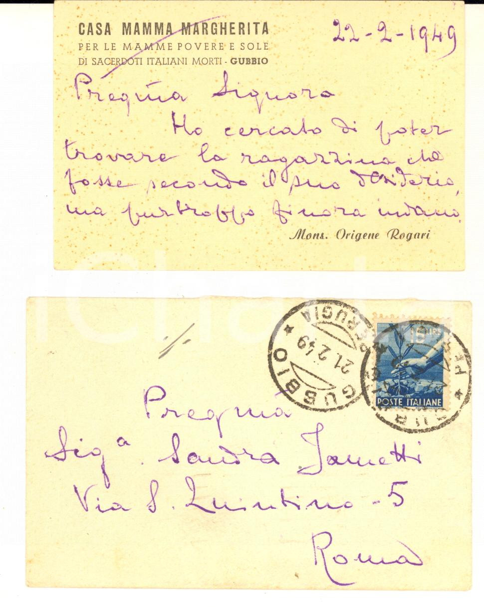 1949 GUBBIO Casa Mamma Margherita - Mons. Origene ROGARI - Biglietto AUTOGRAFO