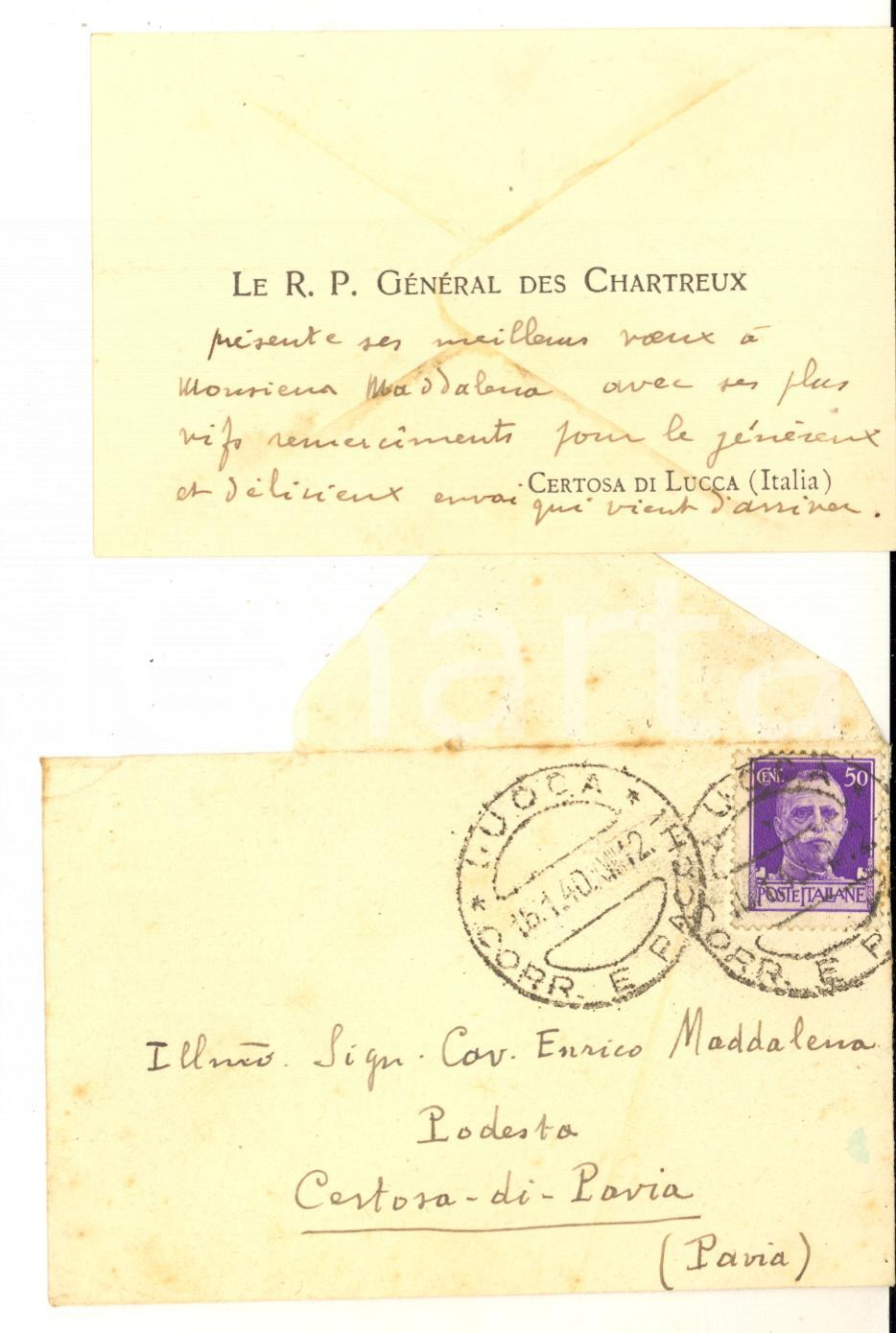 1940 CERTOSA DI LUCCA Biglietto R. P. Général des Chartreux - Autografo