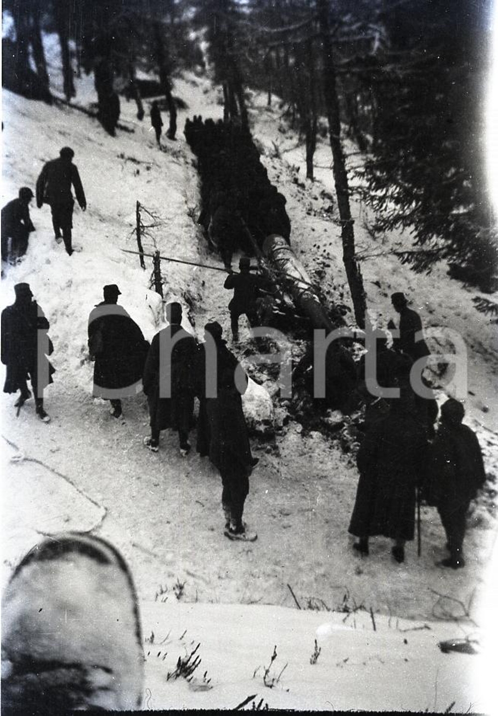 6X9cm NEGATIVO ORIGINALE*1915ca WW1 ESERCITO ITALIANO Trasporto obice sulla neve