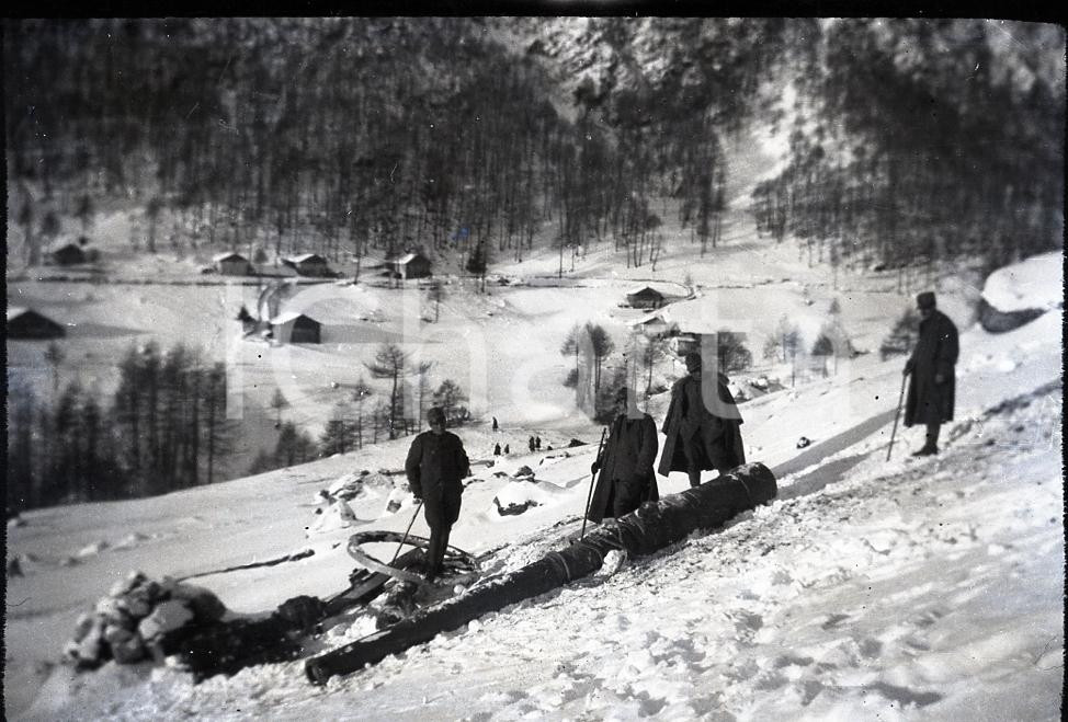 Fotografia d epoca originale 1915ca WW1 ESERCITO ITALIANO Canna obice sulla neve 6X9cm NEGATIVO ORIGINALE 1