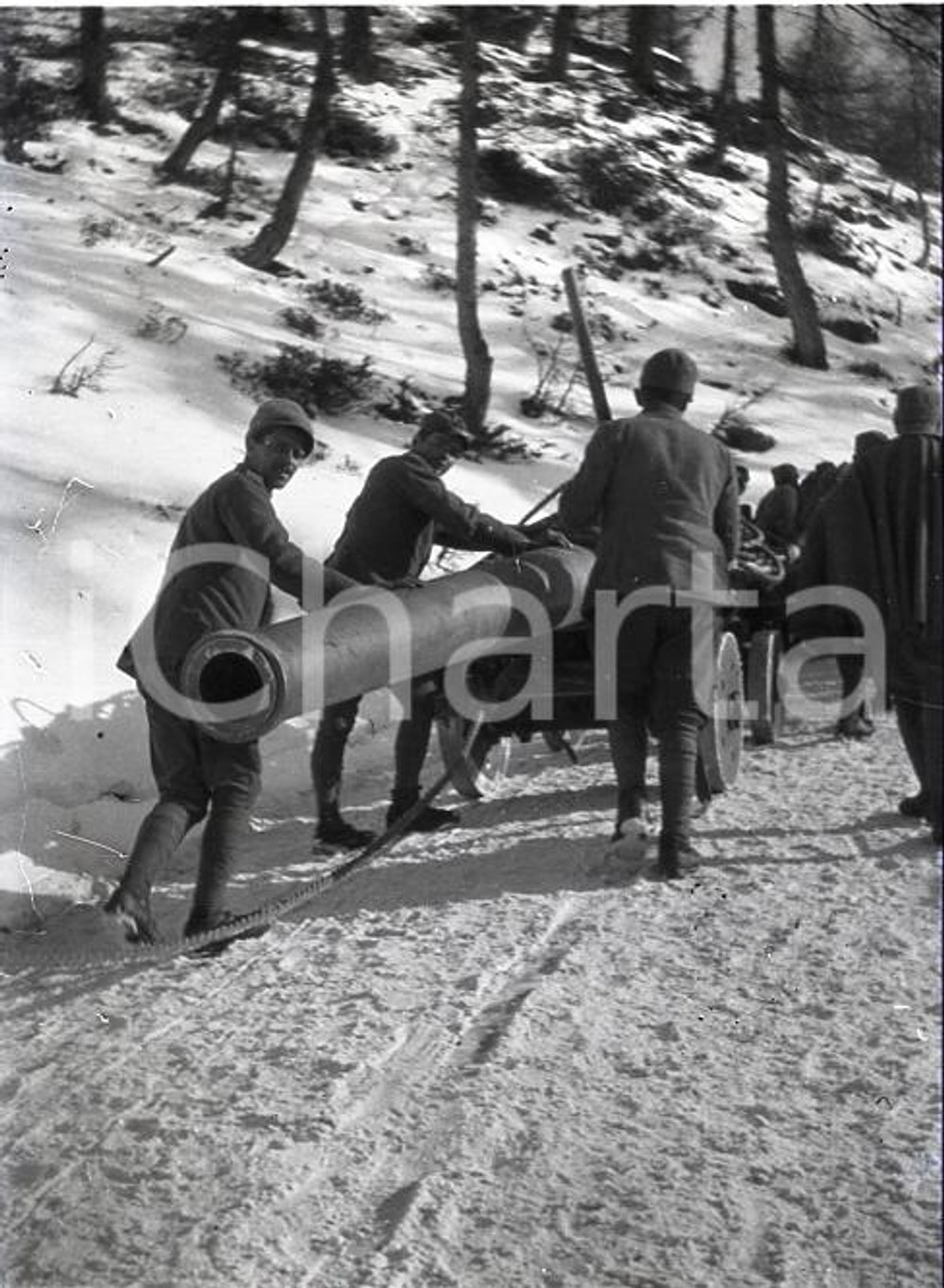 6X4cm NEGATIVO ORIGINALE* 1915ca WW1 ESERCITO ITALIANO Traino obice sulla neve 5
