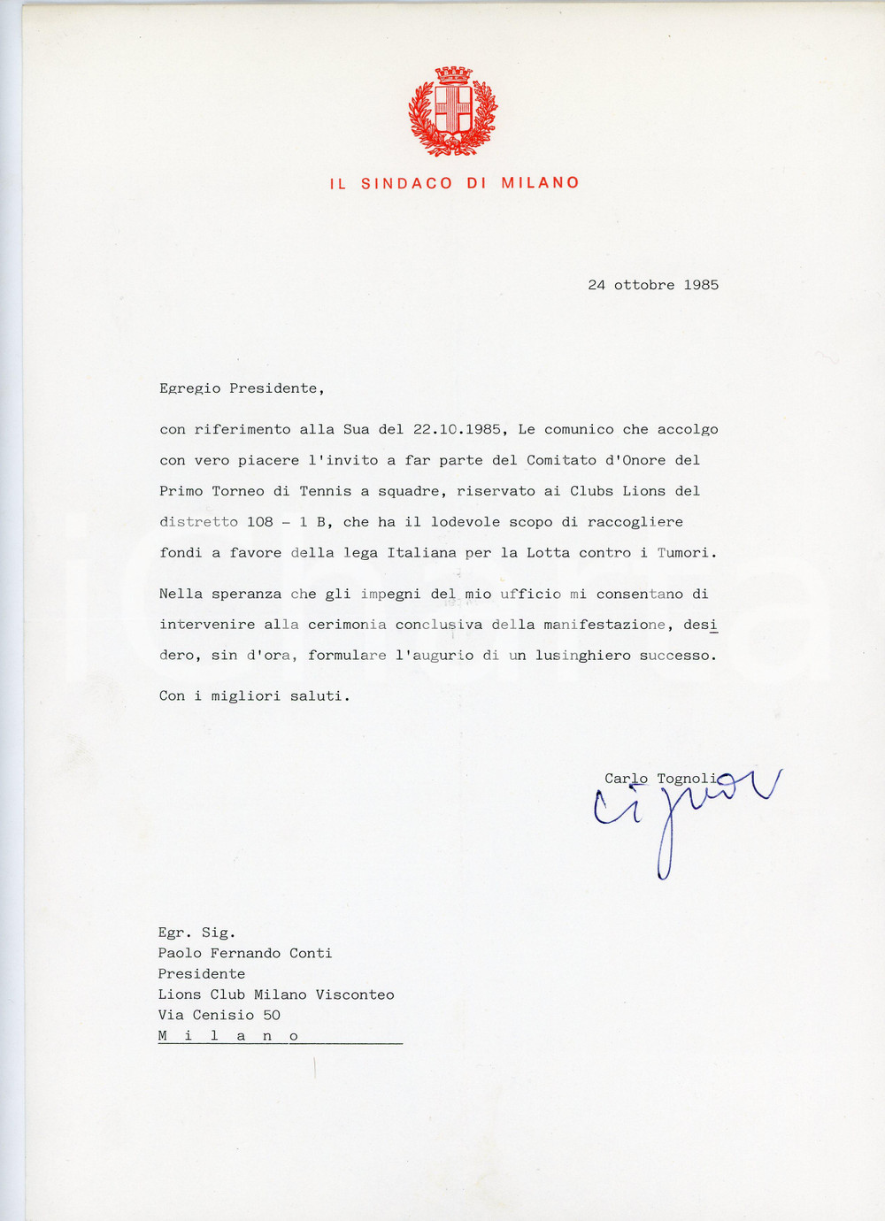 1985 MILANO Lettera sindaco Carlo TOGNOLI per torneo tennis - Autografo