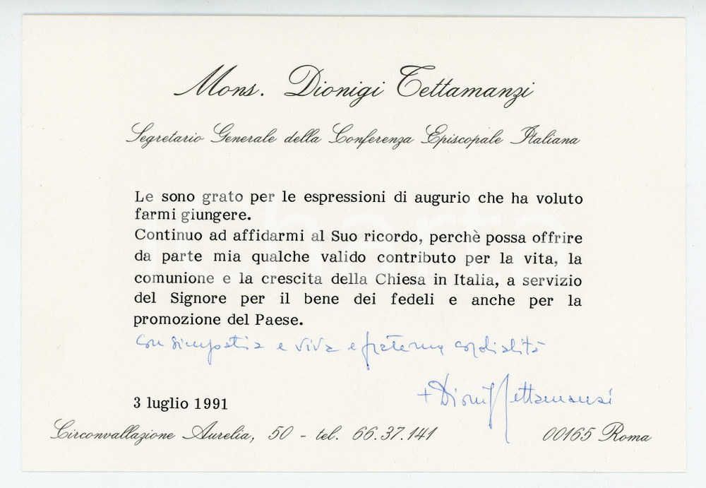 Autografo originale 1991 ROMA Mons. Dionigi TETTAMANZI Segretario CEI  Biglietto AUTOGRAFO 1