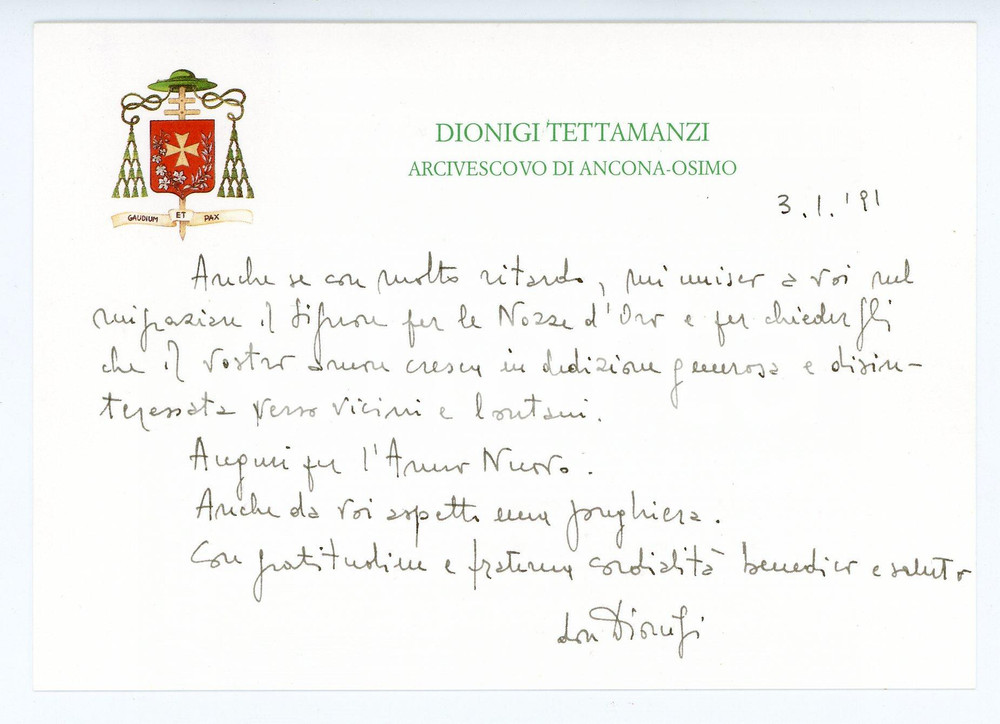 Autografo originale 1991 ANCONAOSIMO Arcivescovo Dionigi TETTAMANZI  Biglietto auguri AUTOGRAFO 1