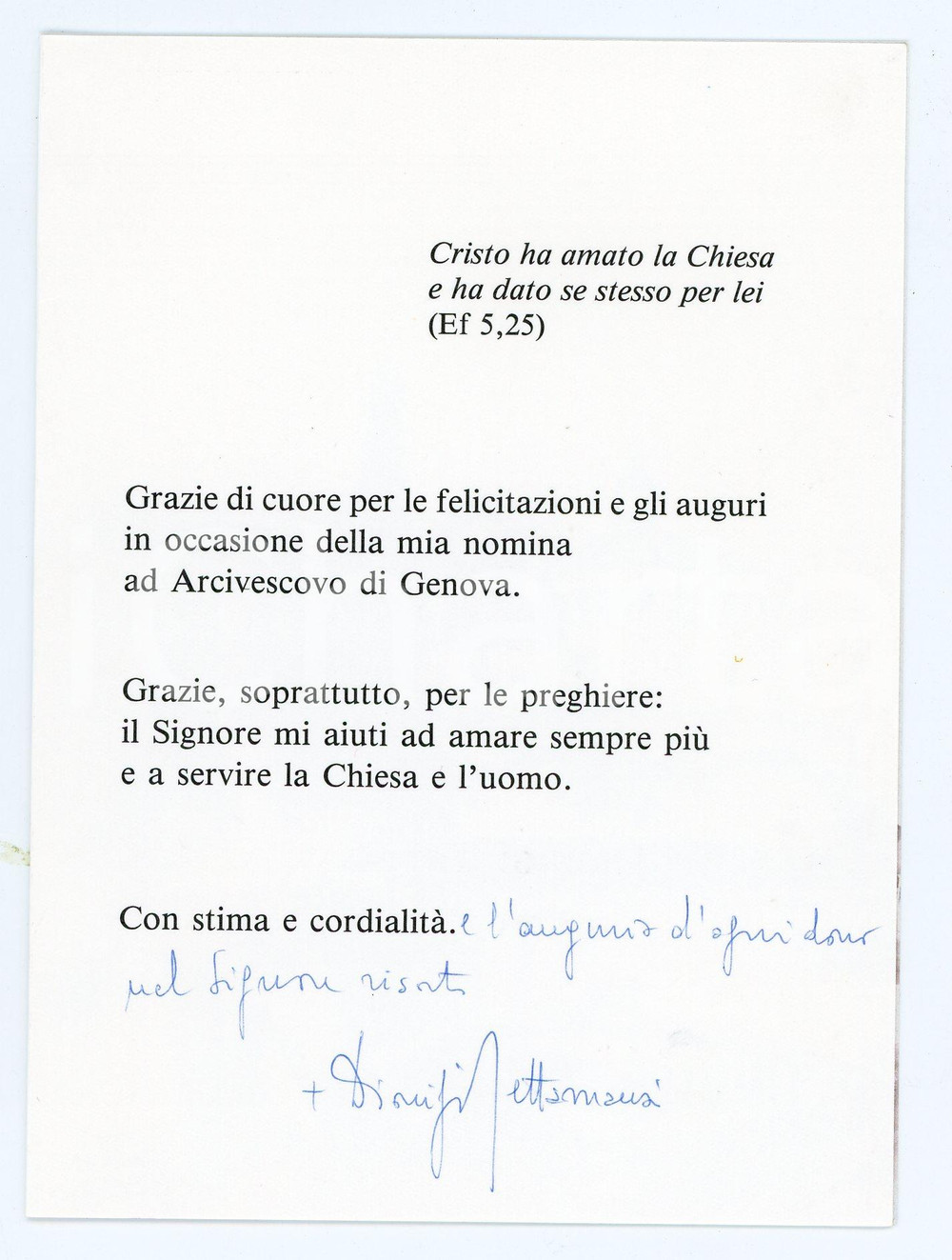 Autografo originale 1995 GENOVA Biglietto mons. Dionigi TETTAMANZI nuovo arcivescovo AUTOGRAFO 1
