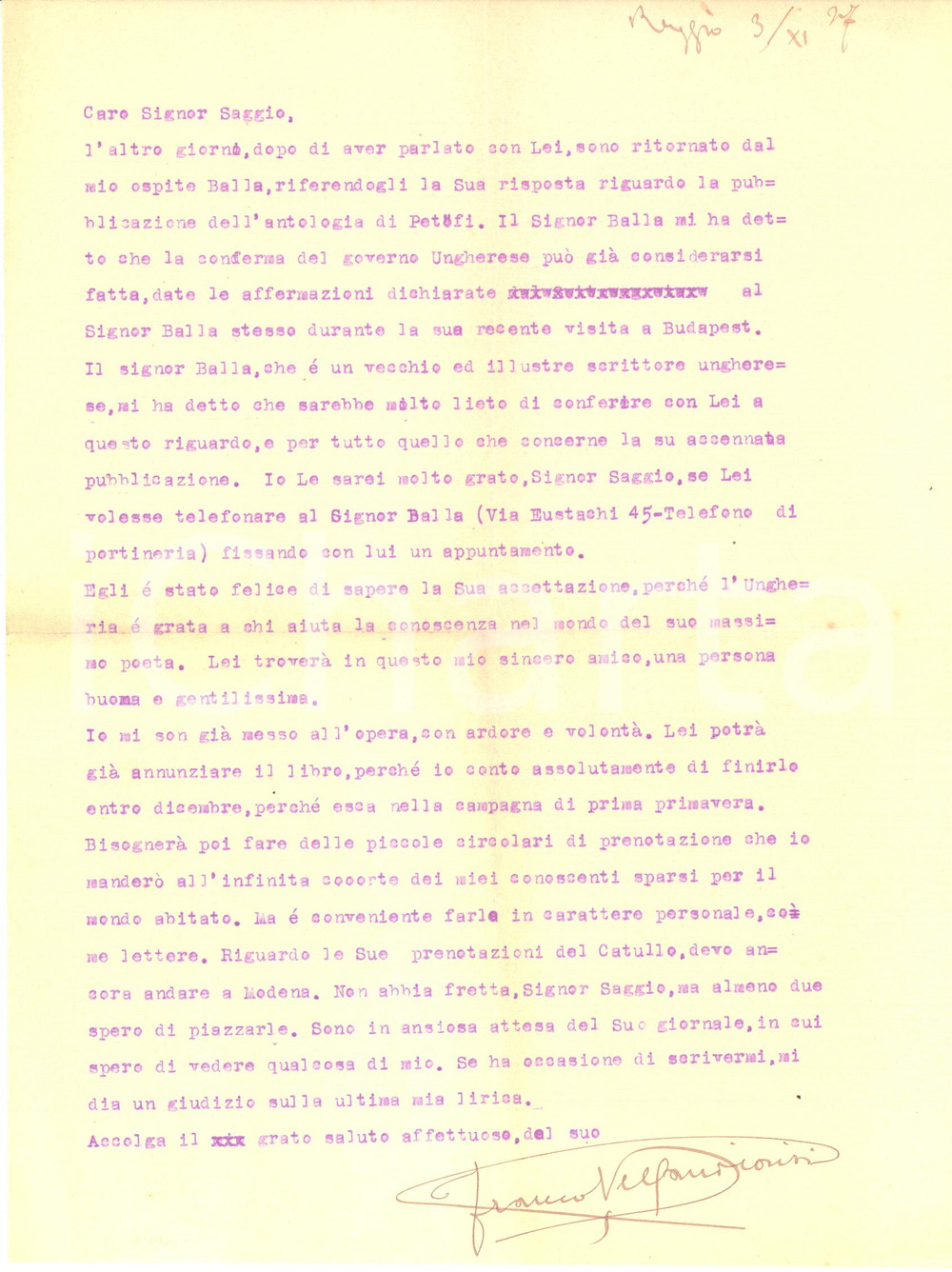 Autografo originale 1937 REGGIO EMILIA Lettera Franco VELLANI DIONISI pro IgnÃ¡c BALLA  AUTOGRAFO 1