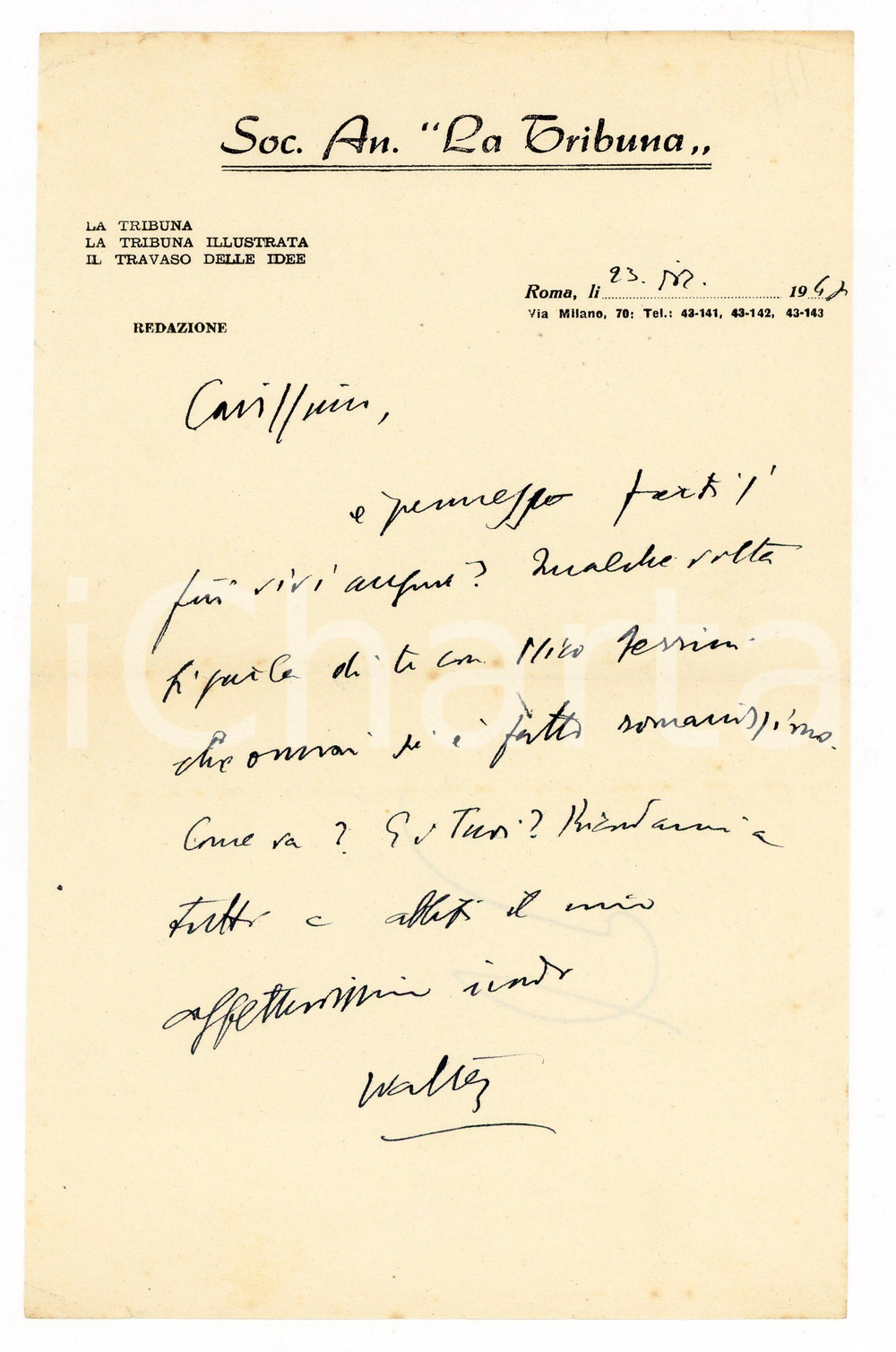 Autografo originale 1947 ROMA Soc. An. LA TRIBUNA  Lettera Walter VACCARI per auguri  AUTOGRAFO 1