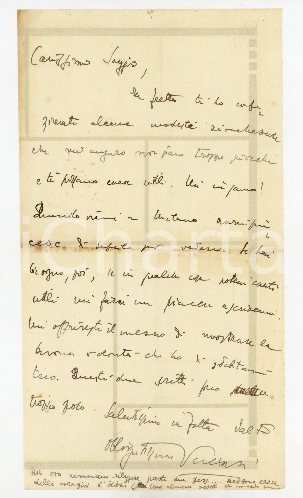 Autografo originale 1945 ca ROMA Lettera Walter VACCARI per incontro con Carlo SAGGIO  AUTOGRAFO 1