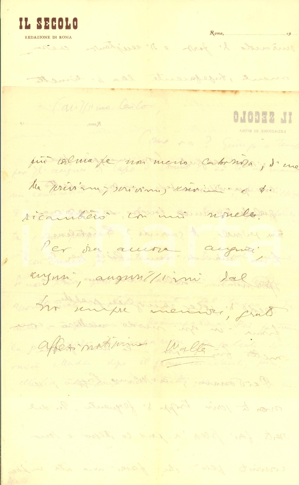 Autografo originale 1926 ROMA IL SECOLO Lettera Walter VACCARI su La Difesa della Poesia AUTOGRAFO 1