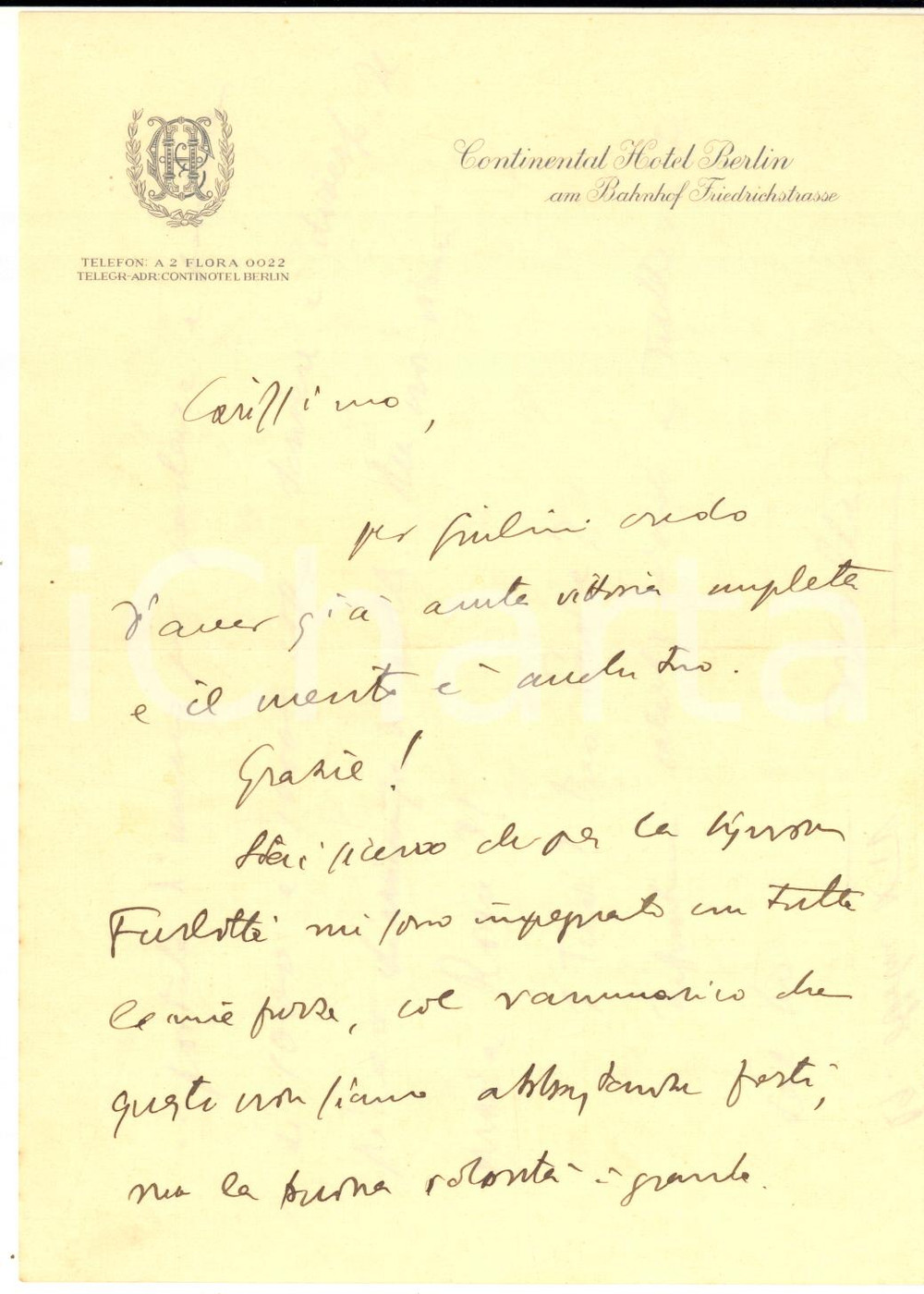 Autografo originale 1936 BERLINO Lettera Walter VACCARI dal Continental Hotel  AUTOGRAFO 1