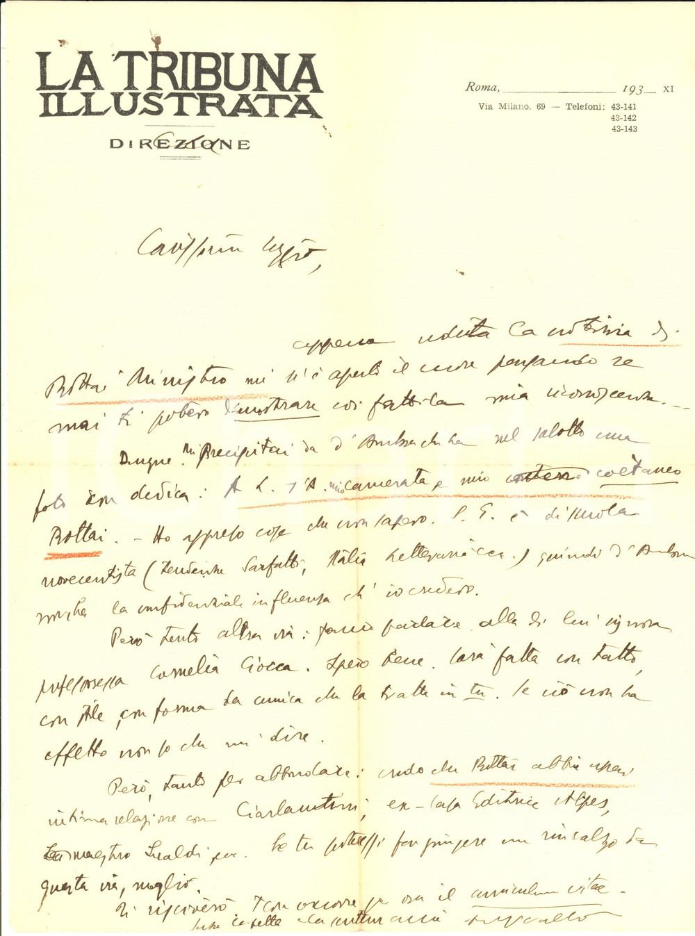 Autografo originale 1935 ROMA Walter VACCARI tenta di contattare il ministro BOTTAI  AUTOGRAFO 1