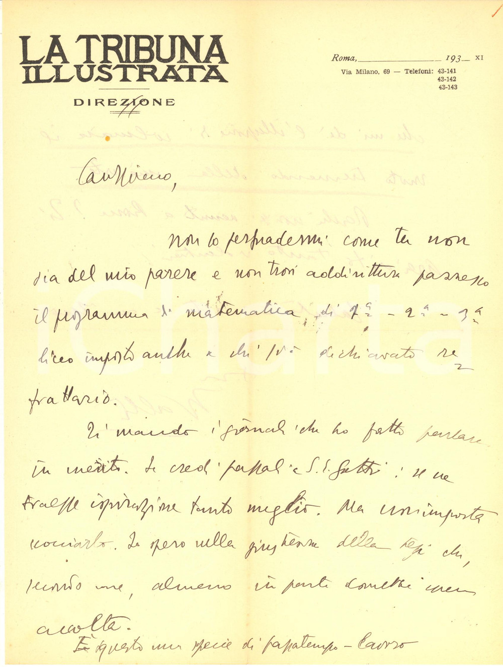 1935 ROMA Walter VACCARI sul programma di matematica del liceo - AUTOGRAFO