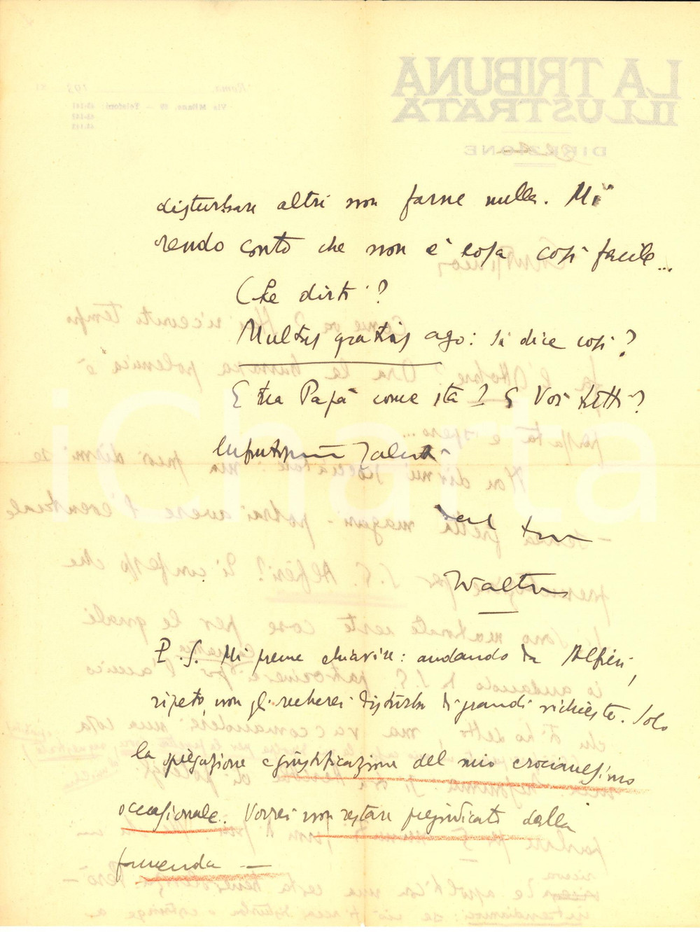 1935 ca ROMA Walter VACCARI cerca presentazione per Dino Alfieri - AUTOGRAFO