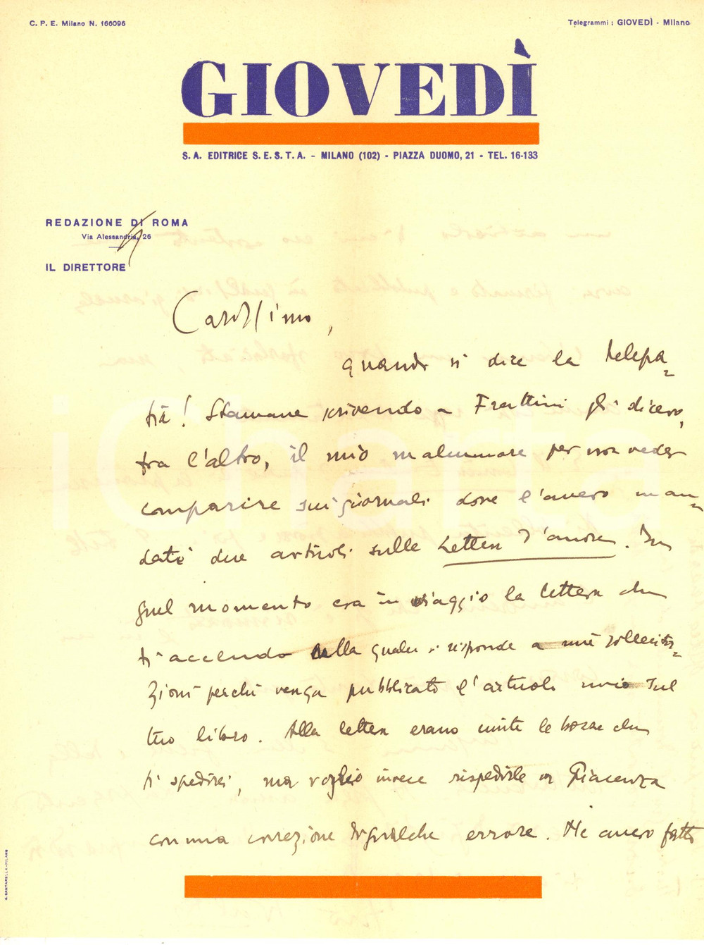 1940 ca ROMA Rivista GIOVEDI' - Lettera Walter VACCARI per articolo - AUTOGRAFO