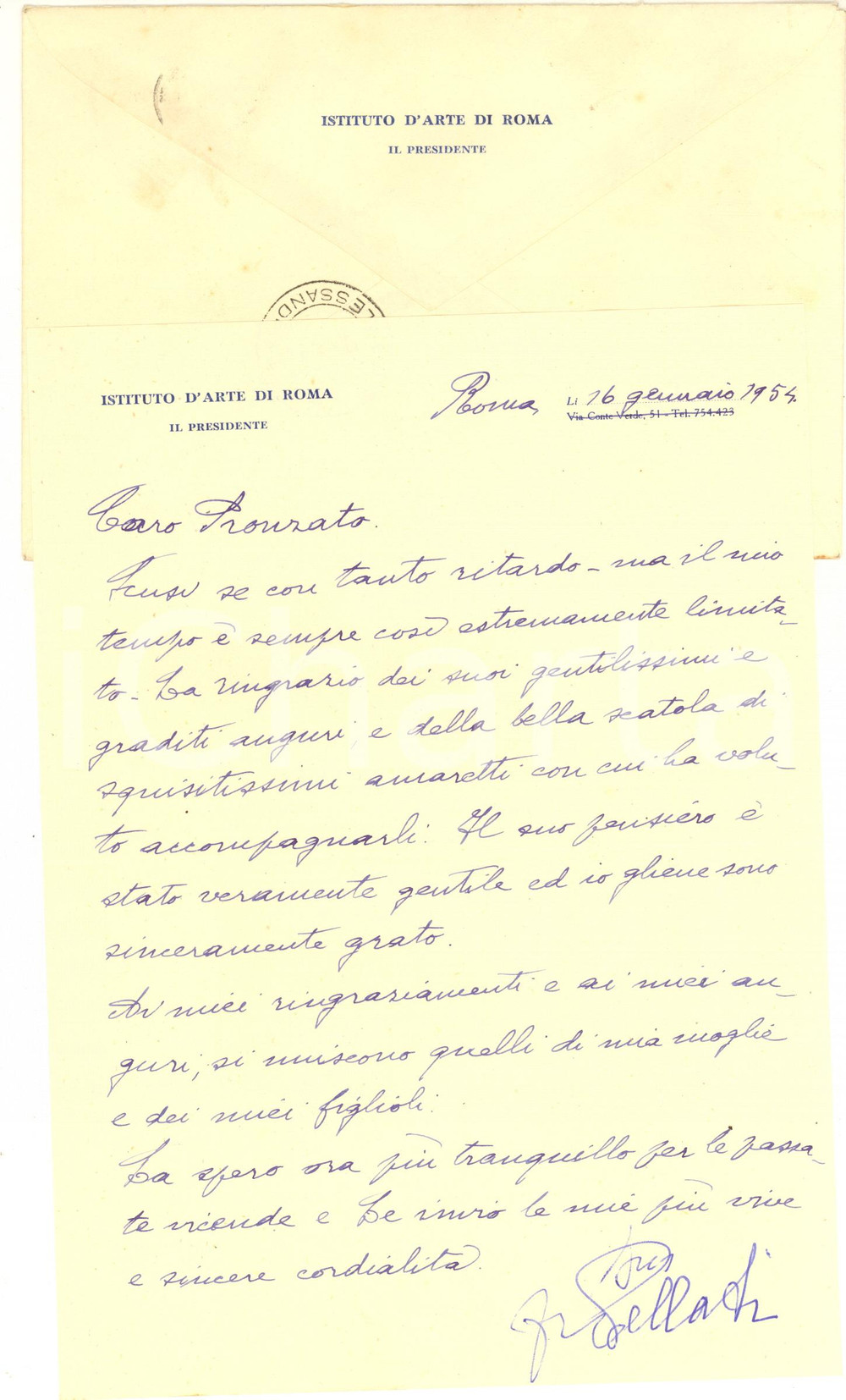 Autografo originale 1954 ROMA Istituto d Arte  Lettera Francesco PELLATI per amaretti  AUTOGRAFO 1