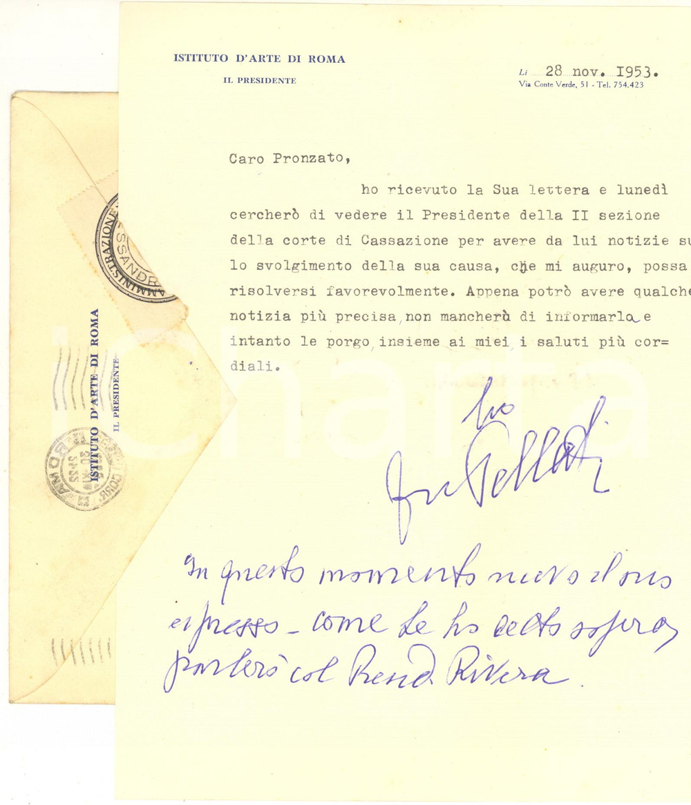 Autografo originale 1953 ROMA Istituto d Arte  Francesco PELLATI per raccomandazione  AUTOGRAFO 1